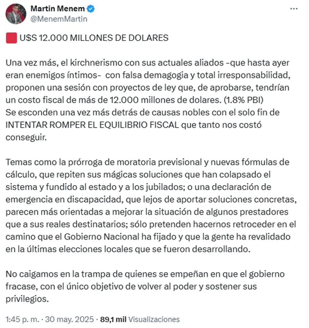 Tuit de Martín Menem 