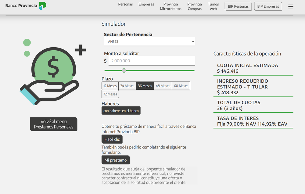 Con una cuota de $146.416, el Banco Provincia presta aproximadamente $2.000.000 en 36 meses.