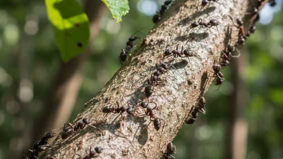 Estos métodos juntos forman un camino inaccesible para que las hormigas no rompan los brotes y frutos de los árboles.