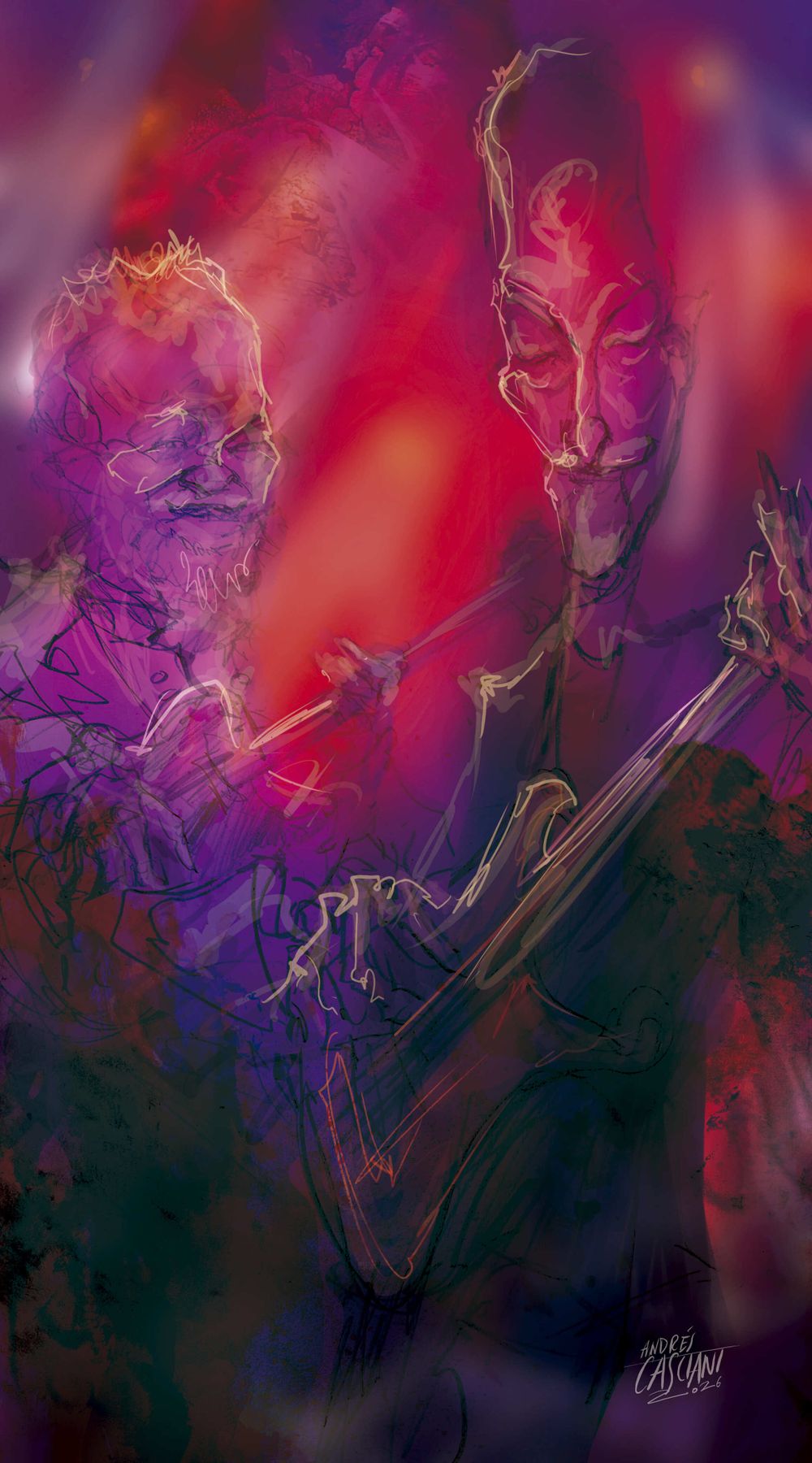 David Lebón y Pedró Aznar, según el ilustrador mendocino Andrés Casciani. Ilustración: Andrés Casciani Instagram: andrescasciani_ilustraciones Facebook: andres.casciani WhatsApp: 2616215336 Web: andrescasciani.com