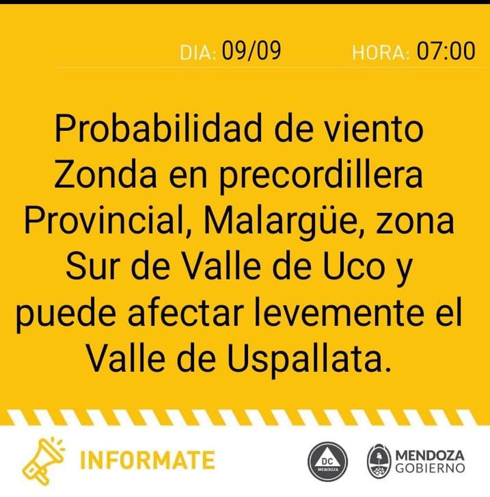 Alerta amarilla por viento Zonda (09/09/2025)
