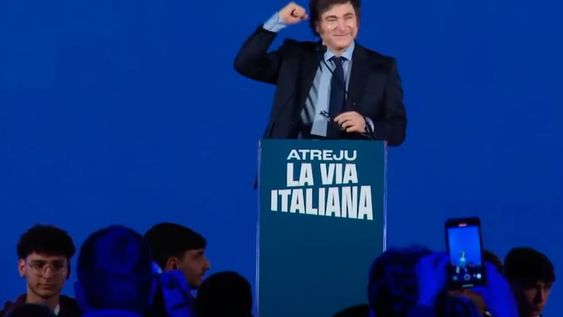 Javier Milei expuso en ”Atreju”, la convención nacional organizada por la premier italiana, Georgia Meloni, que convoca a partidos conservadores y de derecha del mundo. Captura: X