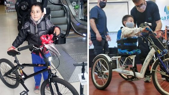 En Malargüe, José posa feliz con su nueva bici. Su “madrina” se la regaló desde EEUU. En La Paz, Agus se sorprendió al recibir el rodado que tracciona con sus manos. Fotos: gentileza