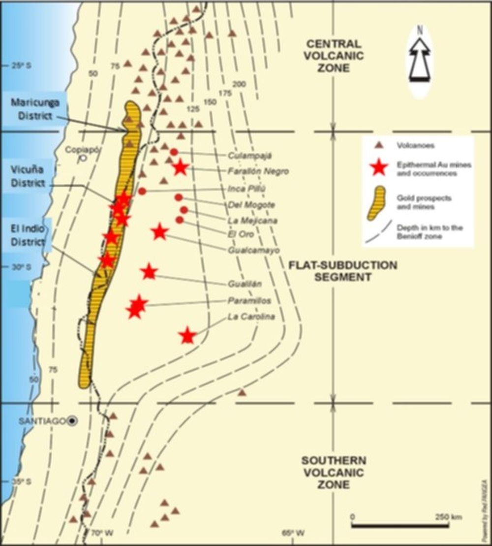 Grandes yacimientos. Vista de los principales yacimientos de cobre y oro que se han encontrado en la zona de subducción horizontal. Las curvas de nivel representan la profundidad de la corteza oceánica pacífica y muestran la extensión de la zona horizontal (basado en Ramos, V.A. 2025).