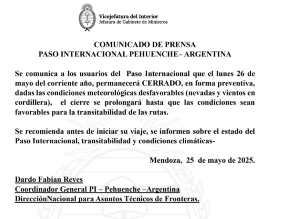 Cierre del Paso Cristo Redentor para el 26 de mayo.