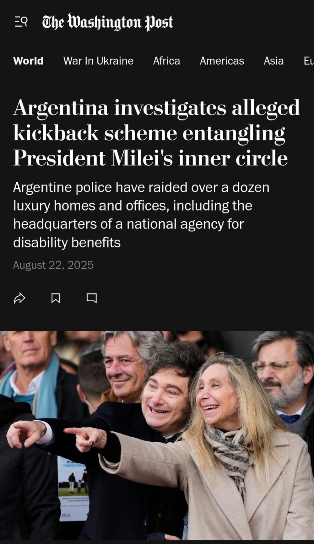 "Argentina investiga presunto esquema de sobornos que involucra al c&iacute;rculo &iacute;ntimo del presidente Milei", titul&oacute; The Washington Post.