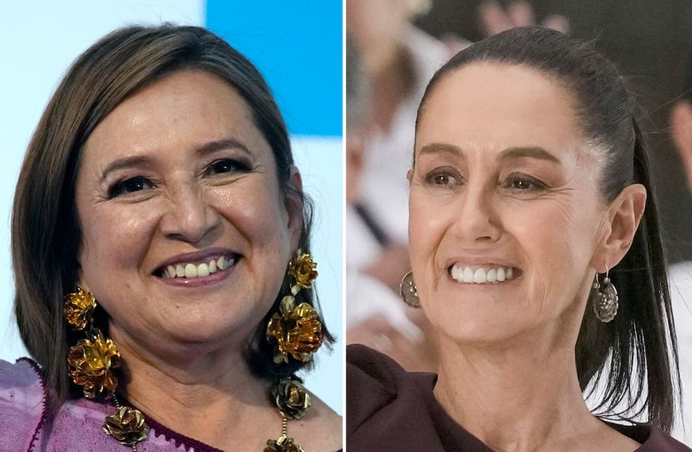 La candidata opositora a la presidencia, Xóchitl Gálvez, a la izquierda, el 4 de julio de 2023, y a la favorita en los sondeos, Claudia Sheinbaum, el 29 de mayo de 2024, ambas en Ciudad de México.(AP Foto/Archivo)
