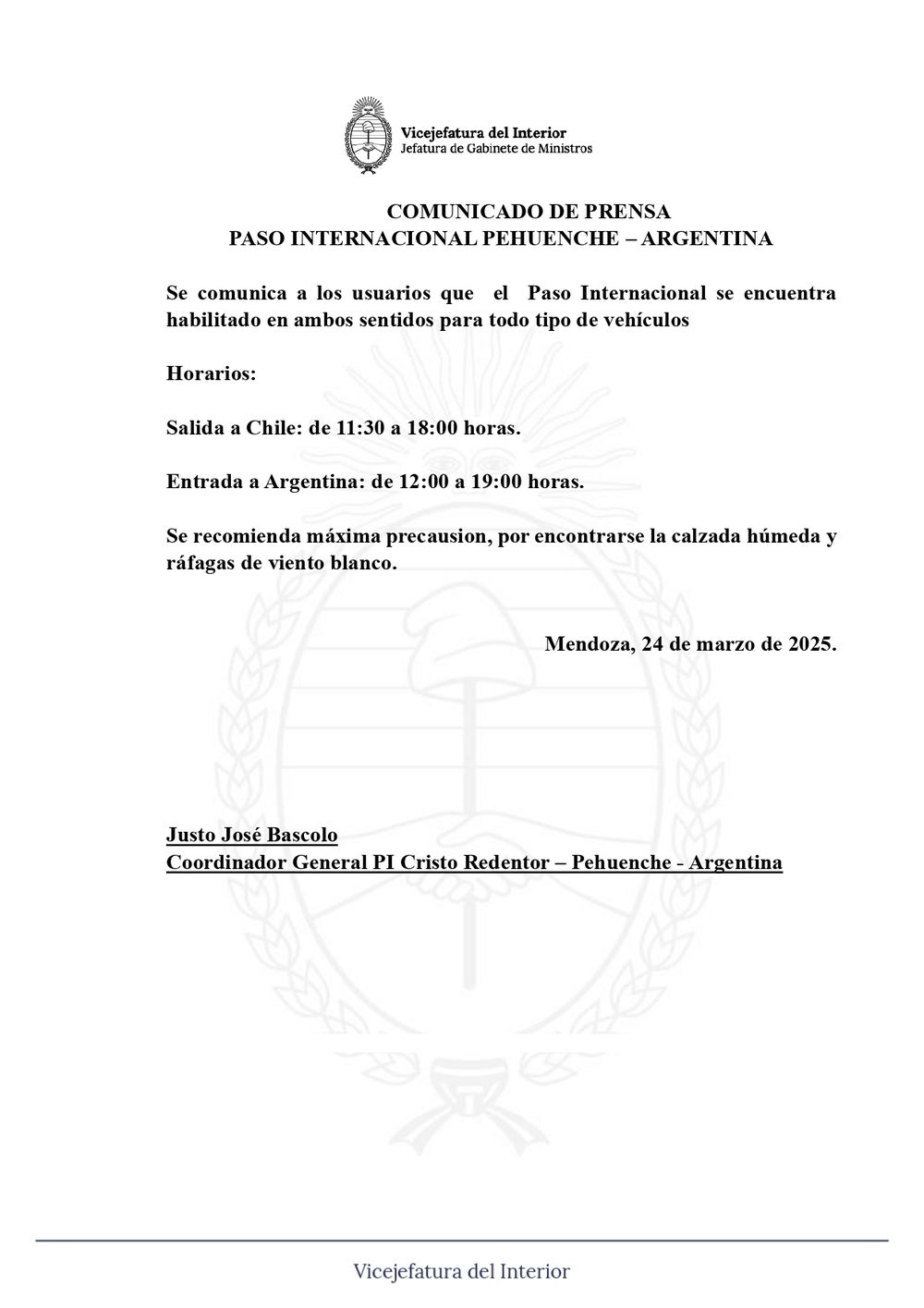 Comunicado de Vialidad Nacional sobre el paso Pehuenche