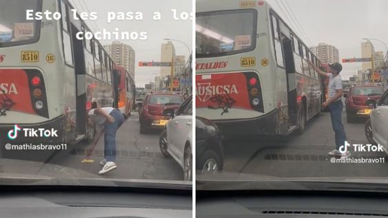 Un joven vio que tiraron basura a la calle y se las devolvió por la ventanilla del colectivo. TikTok.