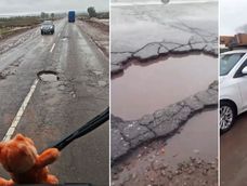 Baches en la Ruta 7: más de 14 autos sufrieron roturas de cubiertas en medio de la lluvia.