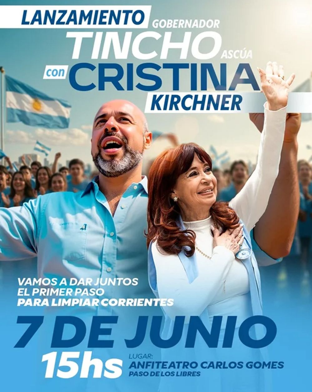 “Atención, guardá la fecha | El sábado 7 de junio, Cristina Kirchner y yo tenemos un encuentro con toda la gente decente que sueña con una Corrientes con oportunidades y sin corrupción. ¡No te lo pierdas!”, escribió Ascúa en redes sociales