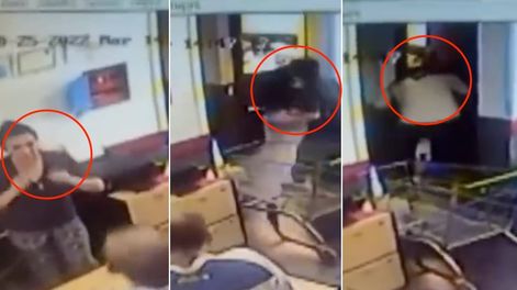 Una cámara de seguridad captó el momento en que un hombre intentó matar a su ex pareja en una escuela de Juana Koslay en San Luis. Foto: captura de video.