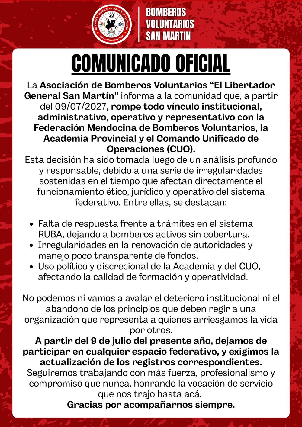 Comunicado sobre la renuncia a la Federación, de Bomberos de San Martín