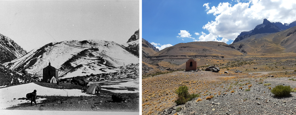 Casucha del rey. Antigua construcción en Paramillo de Las Cuevas. Izquierda, fotografía de Christiano Junior, AHM, de 1881.  Derecha, fotografía de 2023, autora Cristina Prieto Olavarría.