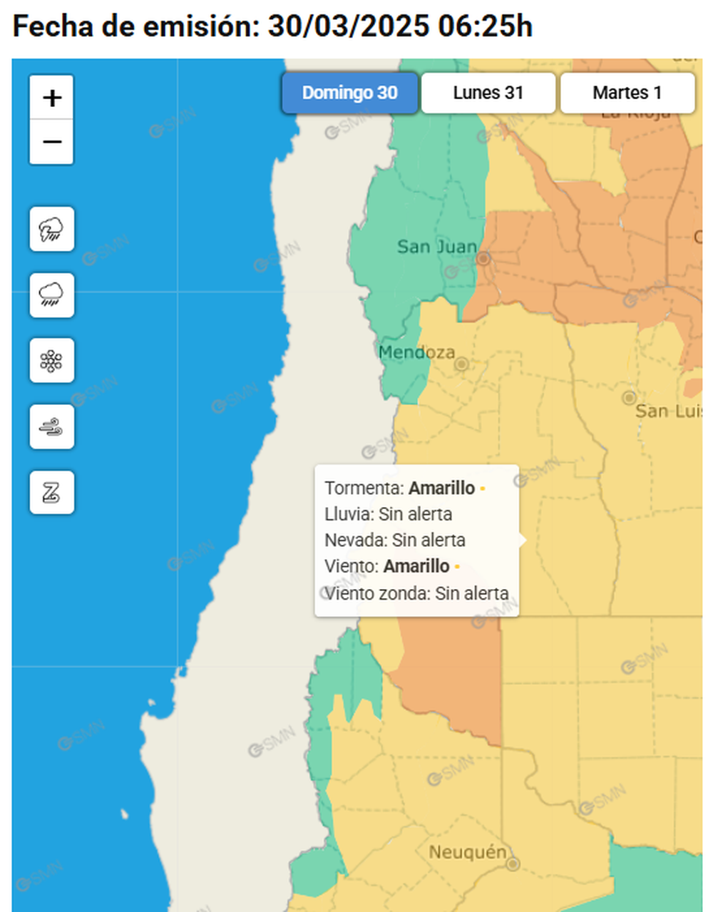 Alerta por vientos fuertes y tormentas 