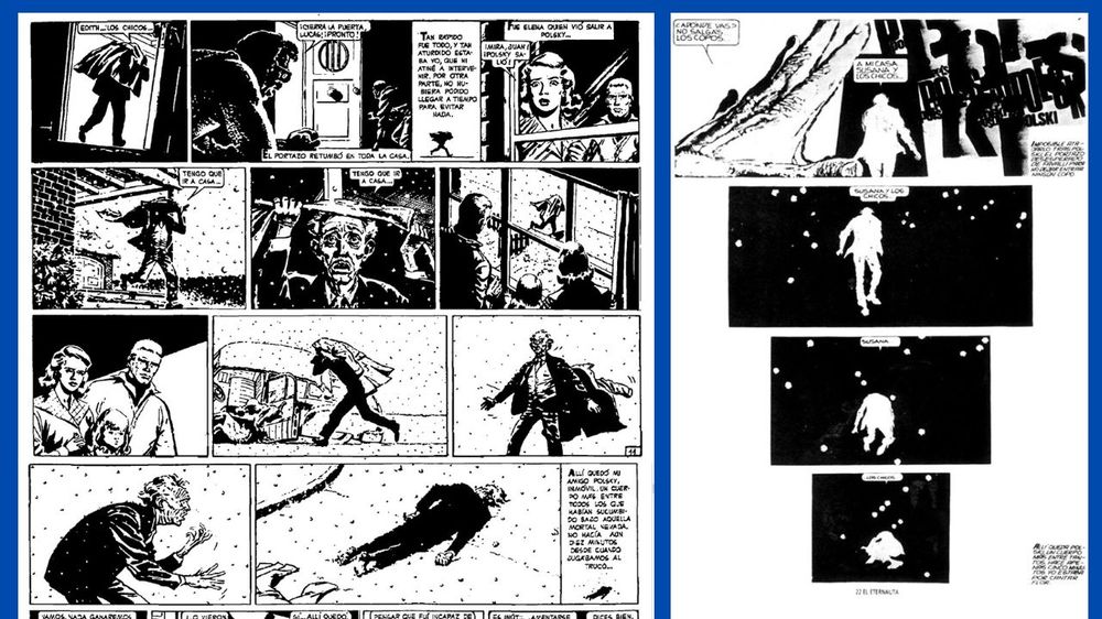 La muerte de Polsky en El Eternauta. Dos versiones de la historieta con guion de Héctor Germán Oesterheld. A la izquierda, las viñetas clásicas de Solano López. A la derecha, el dramatismo expresionista de Breccia.