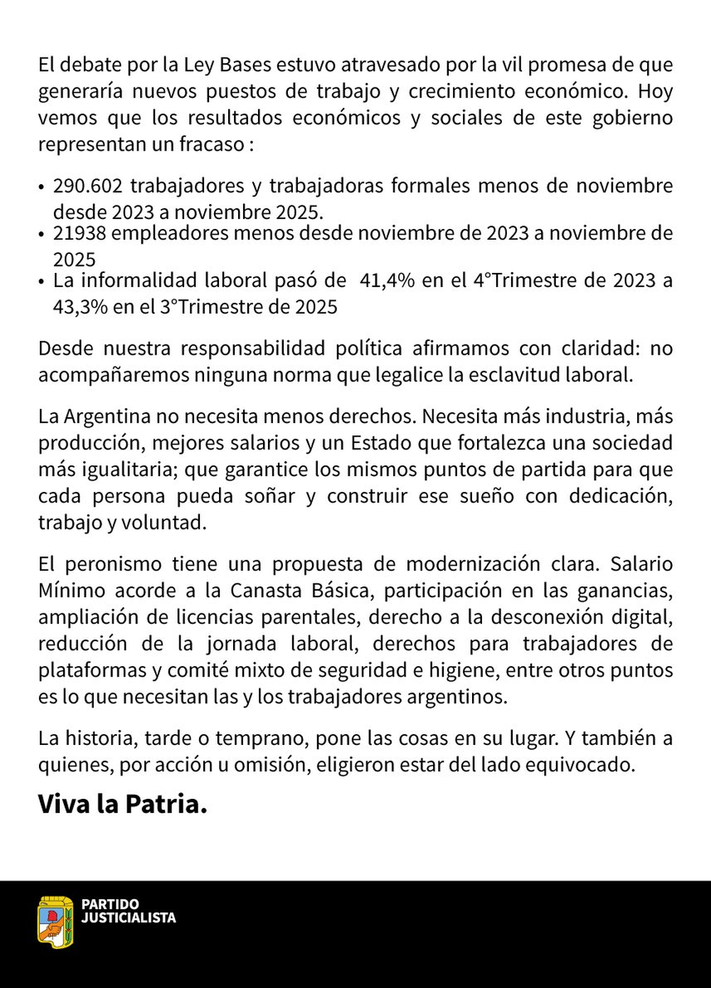 Comunicado del Partido Justicialista.