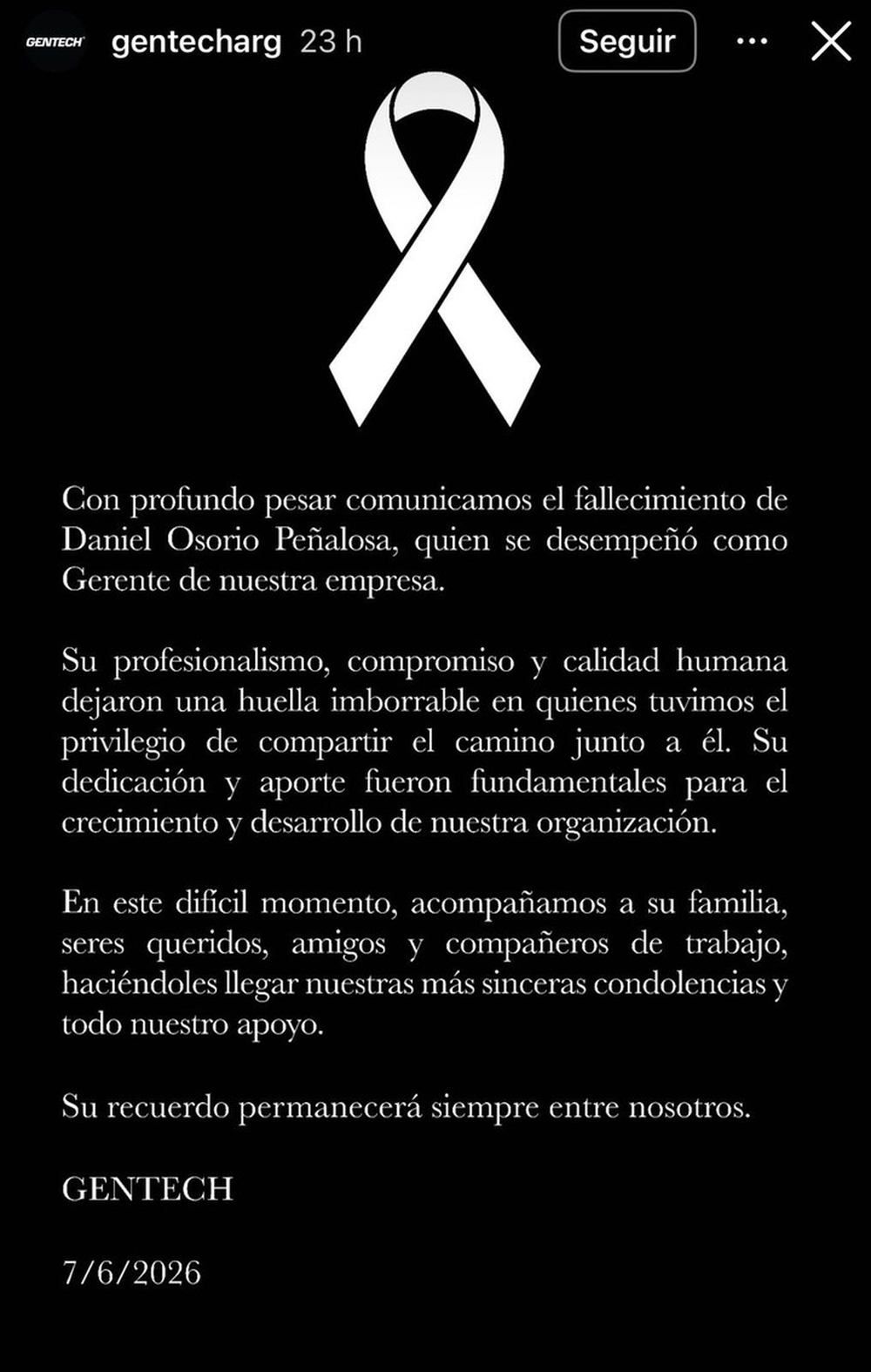 El posteo de la empresa GenTech ante la muerte de Osorio Peñaloza. El posteo de la empresa GenTech ante la muerte de Osorio Peñaloza.