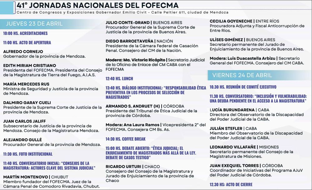 Cronograma del 41° Foro Federal de Consejos de la Magistratura y Jurados de Enjuiciamiento de la República Argentina (Fofecma).