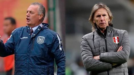 Los argentinos Gustavo Alfaro y Ricardo Gareca, entrenadores de Ecuador y Perú, respectivamente. / gentileza