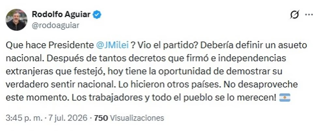 Posteo del secretario general de la Asociación de Trabajadores del Estado (ATE), Rodolfo Aguiar.