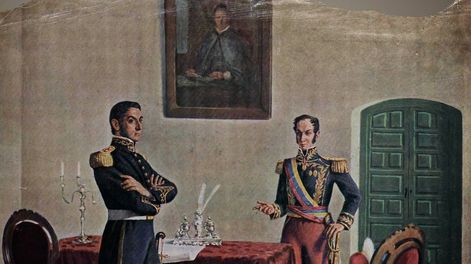Reunión entre San Martín y Bolívar en Guayaquil (Óleo). Autor: Pablo Ducros Hicken.