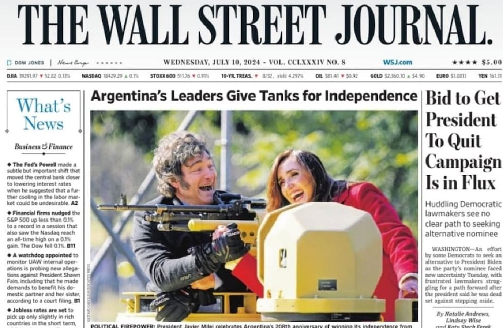 Milei subido a un tanque llegó a la tapa de The Wall Street Journal