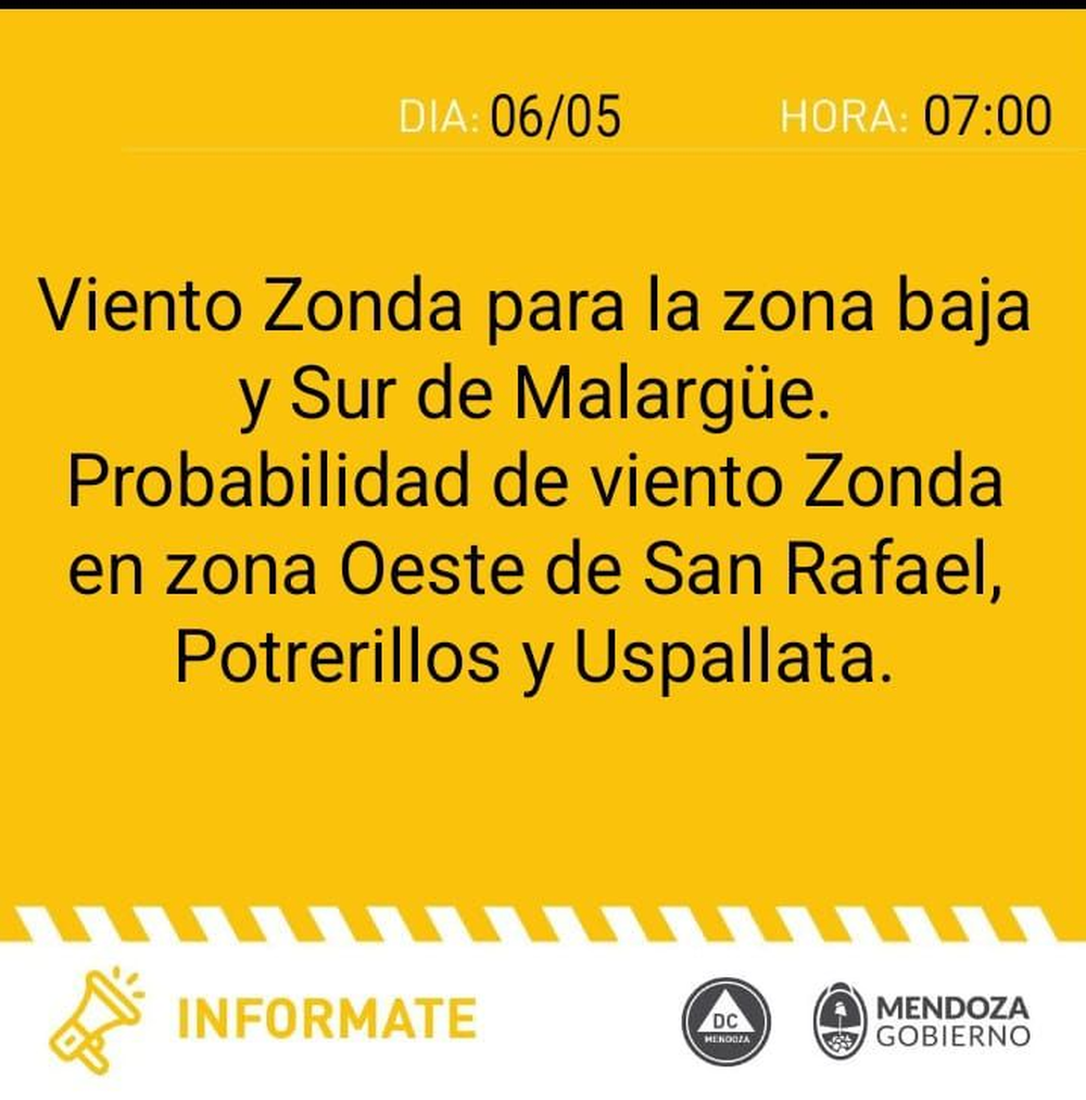 Yellow alert for Zonda wind in Mendoza.