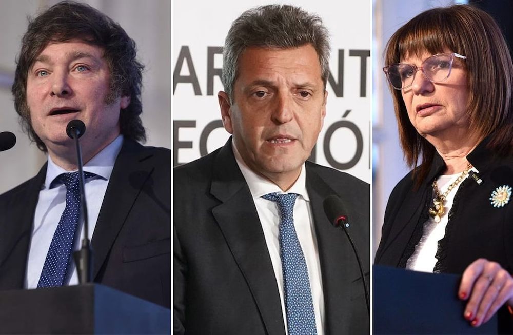Javier Milei, Patricia Bullrich y Sergio Massa, principales candidatos a la presidencia argentina.