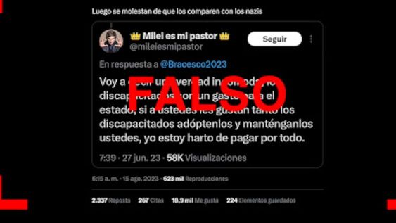 El mensaje en X que dice “los discapacitados son un gasto para el Estado” no es de Javier Milei ni de ninguna cuenta oficial de La Libertad Avanza