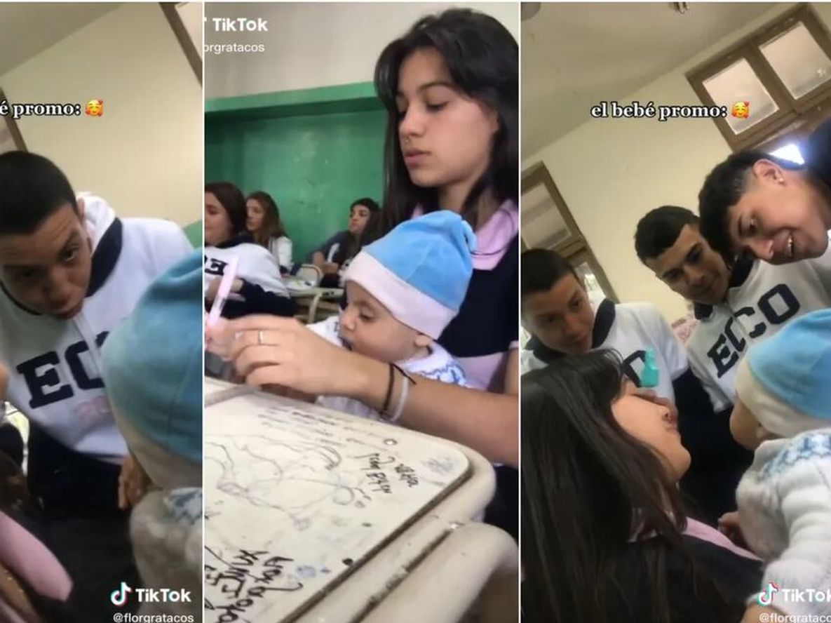 Está por recibirse, no tenía con quién dejar a su bebé y lo llevó al colegio. Foto: Web