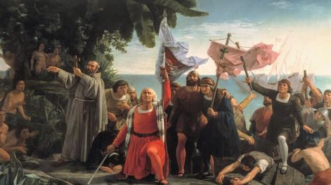 Primer desembarco de Cristóbal Colón en América. Óleo de Dióscoro Teófilo Puebla y Tolín, pintado en 1832 (Museo del Prado).