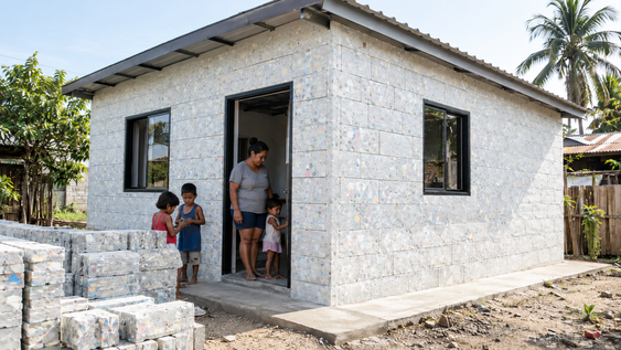 en apenas 15 horas, transforman 2 toneladas de plastico reciclado en una casa de 27 m² para una madre y sus 9 hijos