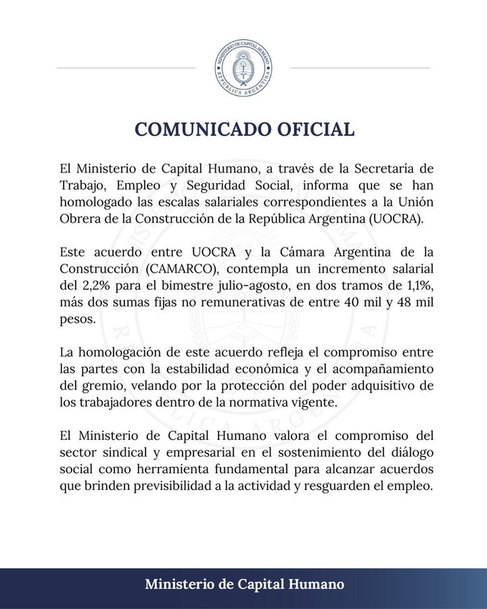 The official statement from the Ministry of Human Capital.