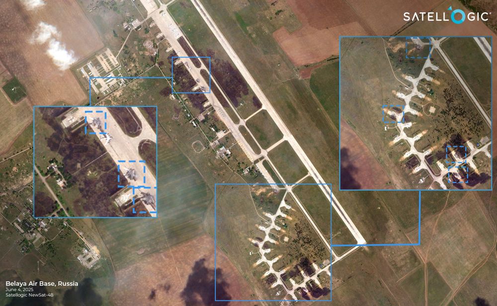 El ataque de Ucrania a Rusia. Las imágenes de Satellogic, captadas el 4 de junio de 2025 sobre la base aérea de Belaya, revelaron la destrucción de varias aeronaves. 