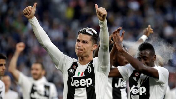 FILE - In this April 20, 2019 file picture, Juventus Cristiano Ronaldo celebrates at the end of a Serie A soccer match between Juventus and AC Fiorentina, at the Allianz stadium in Turin, Italy\u002E The Italian minister of sport Vincenzo Spadafora announced Thursday, May 28, 2020 that the Serie A will restart on June 20, to conclude the championship after the coronavirus stop\u002E (AP Photo/Luca Bruno)