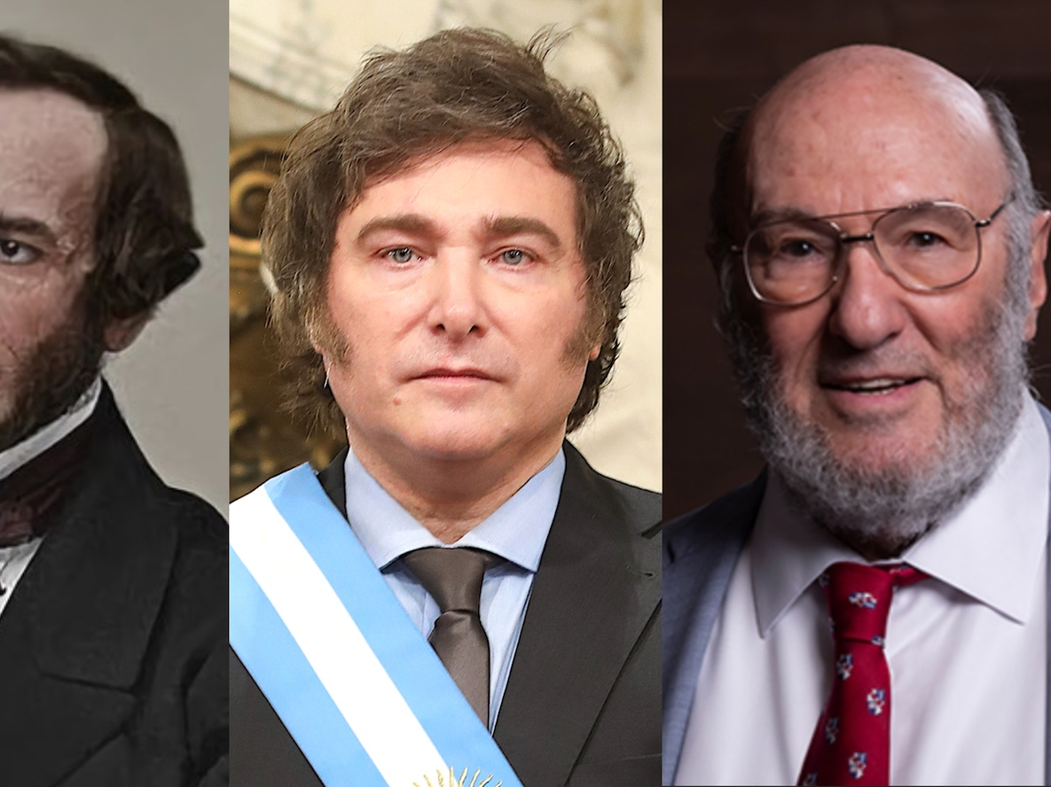 Javier Milei rodeado por Juan Bautista Alberdi, un liberal pleno y por Walter Block un libertario absoluto.