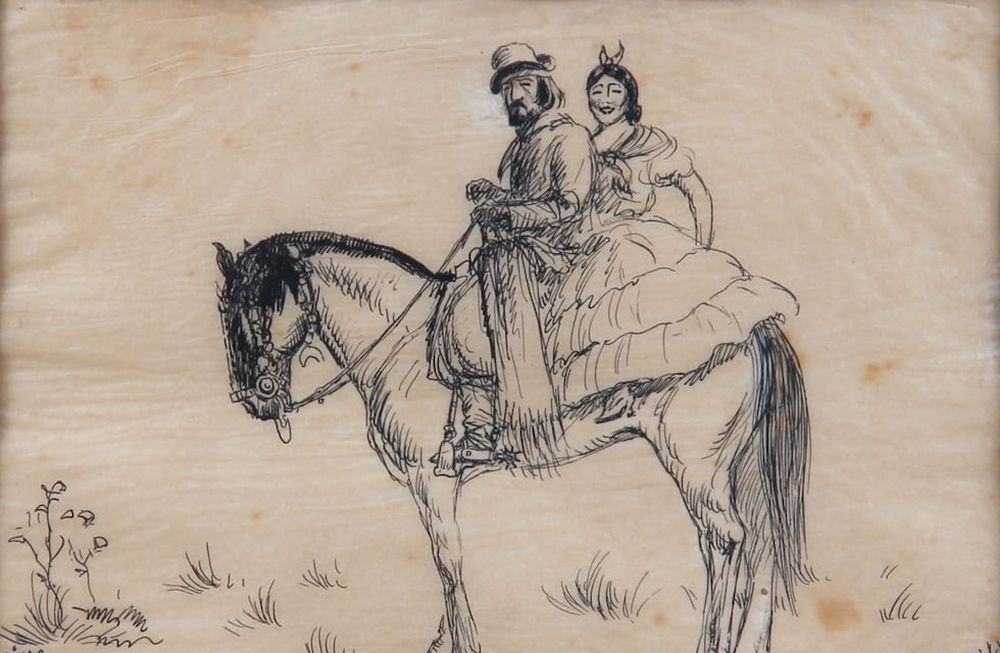 Obra de Tito Saubidet (1891-1943) y se titulado Con la china en ancas. Dibujo a tinta.