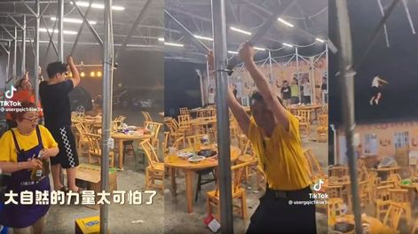 Impactante video: el techo de un restaurante en China salió volando junto con varias personas que lo sostenían.