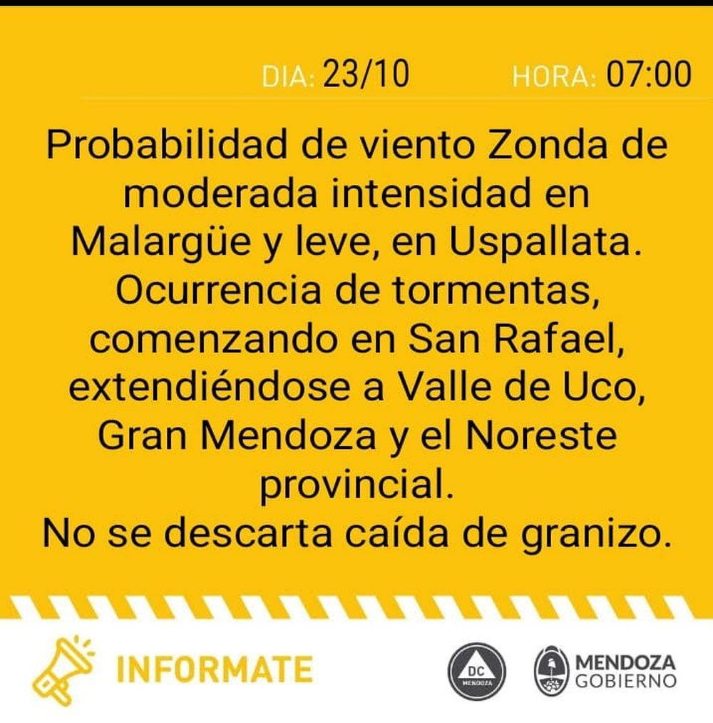 Alerta amarilla por Zonda y tormentas con granizo (23/10/25) Alerta amarilla por Zonda y tormentas con granizo (23/10/25)