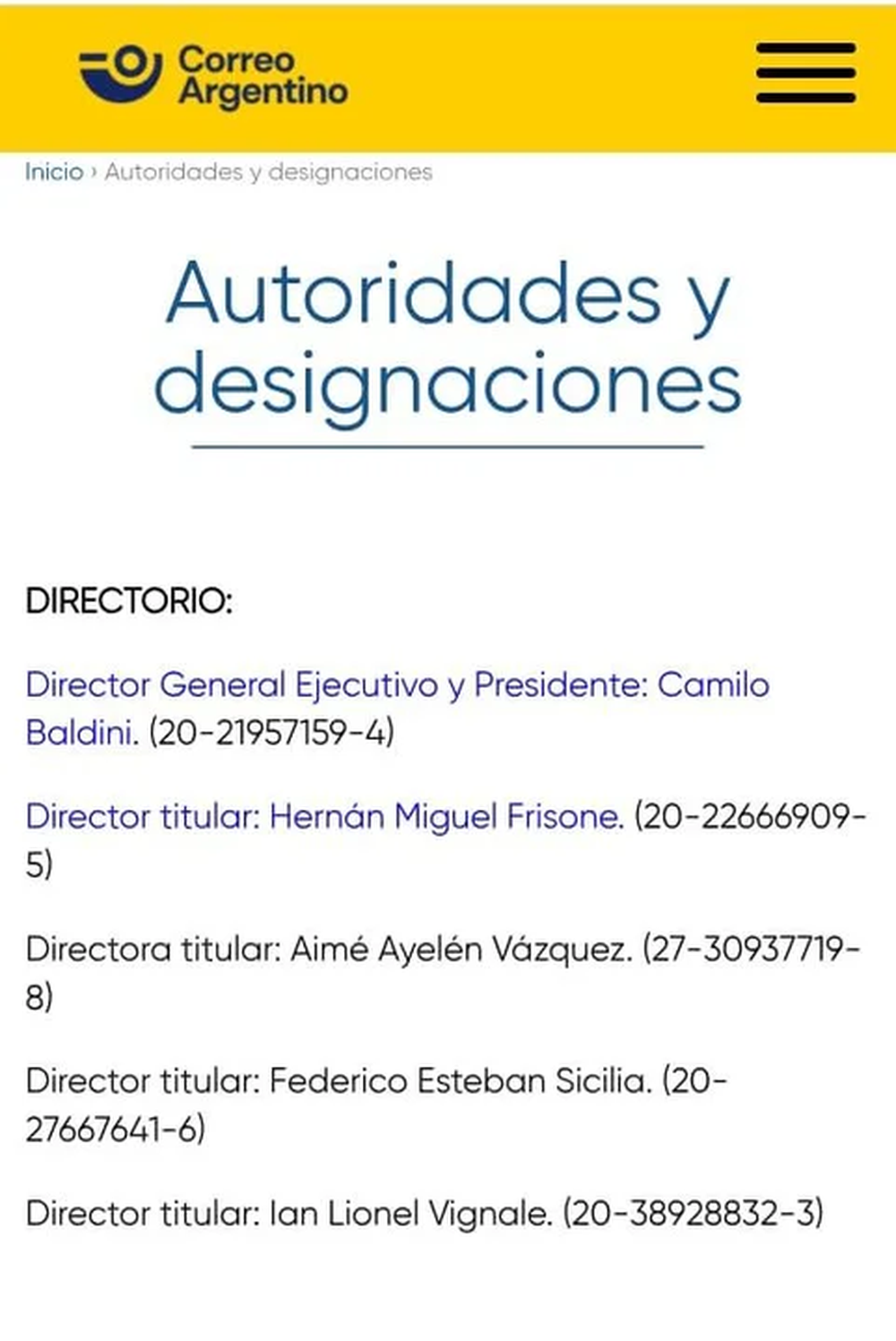 Directorio de Correo Argentino.