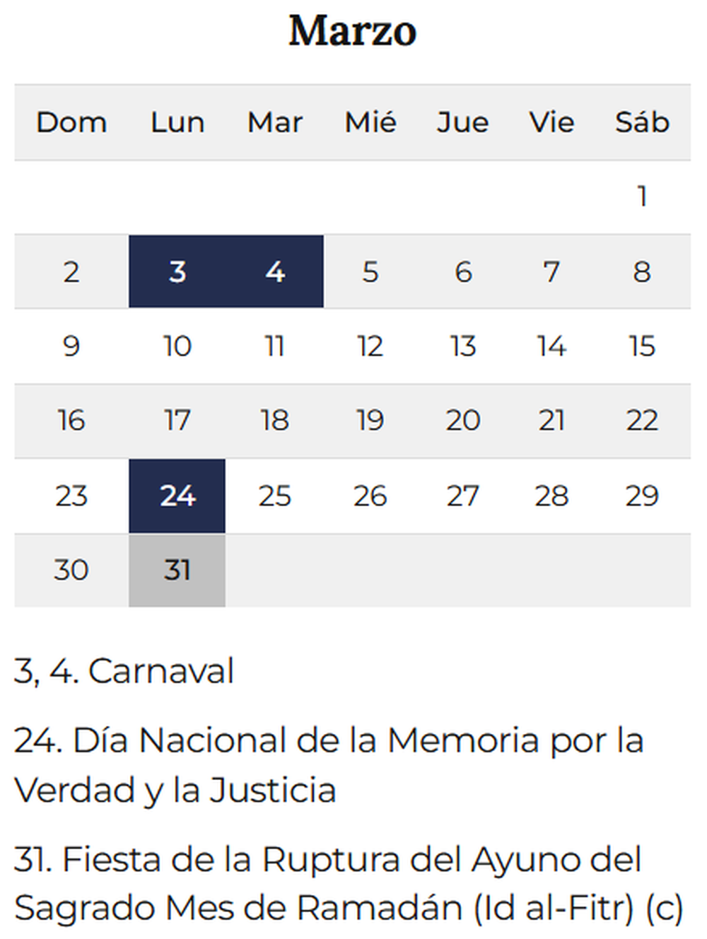 Feriados de marzo | Calendario oficial 