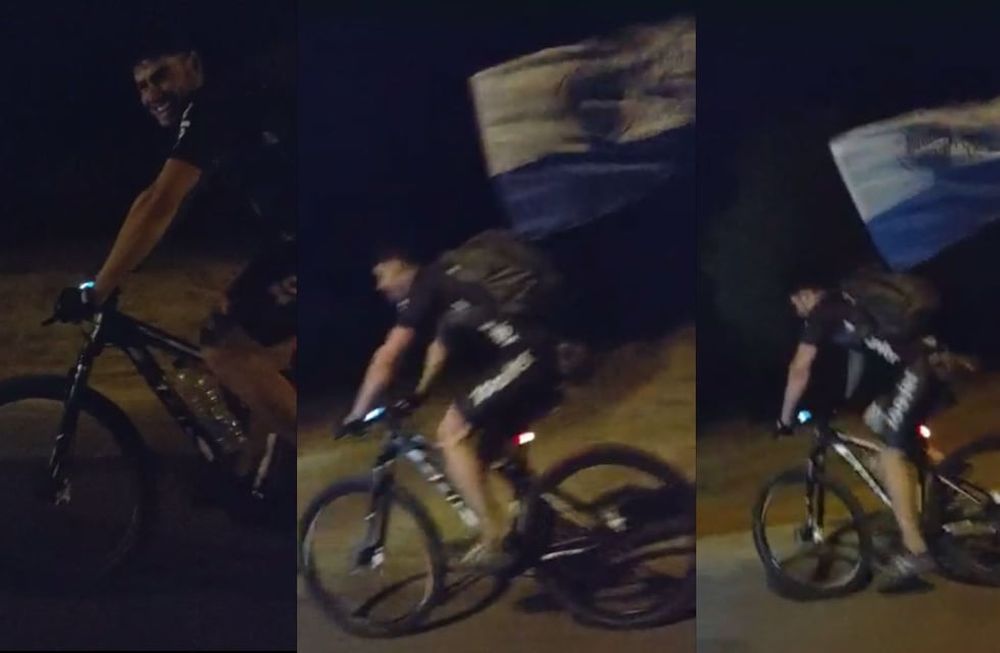 Video: el hincha fanático del Tomba que viajó hasta San Luis en bicicleta y se volvió viral.