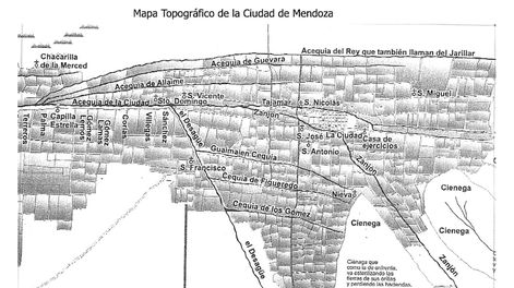 Los Andes | Plano topográfico de la Ciudad de Mendoza, datado en Mendoza el 24 de noviembre de 1802,hecho por el maestro Domingo García por orden de don Francisco José de Marán, Obispo de esa diócesis. Puede verse el dibujo del mismo en PONTE, Jorge Ricardo.. De los