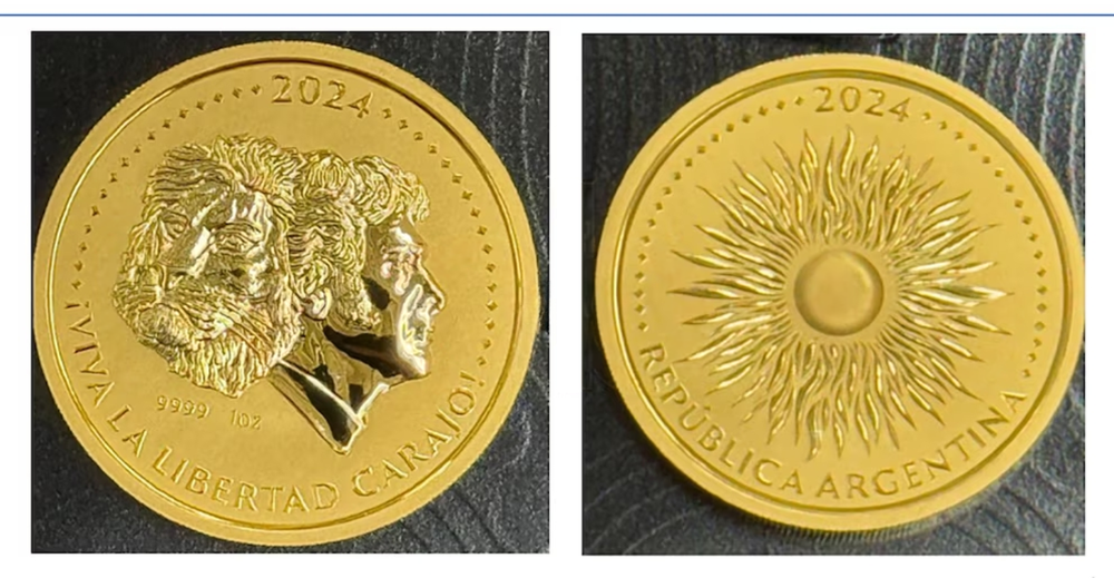 El diseño de la moneda de oro que se hizo en 2023, apenas asumió Milei.