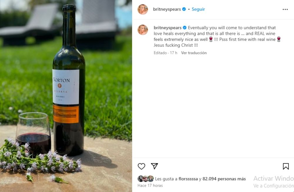 Britney Spears probó un vino mendocino. El vino real se siente muy bien, escribió la cantante en su cuenta. Instagram @britneyspears