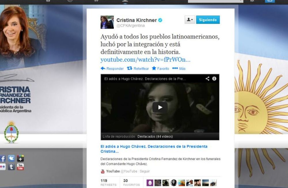 Elogios de Cristina a Hugo” por Twitter