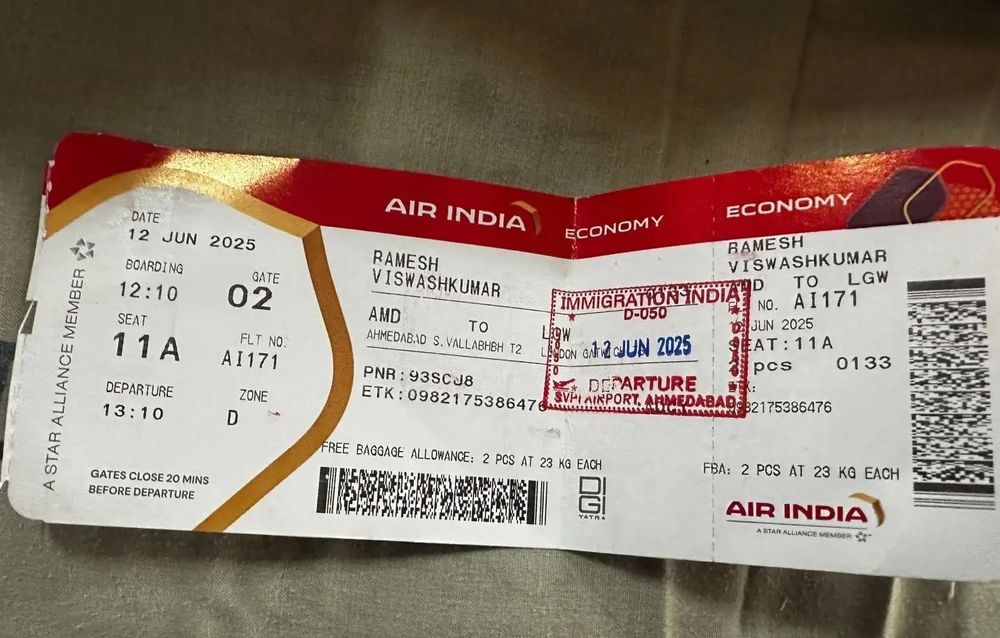 Ticket de vuelo de Ramesh Vishwakumar, sobreviviente de la tragedia de Air India