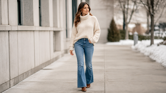 los jeans bootcut de los anos 2000 vuelven a ser tendencia y se combinan con botas y sweaters tejidos