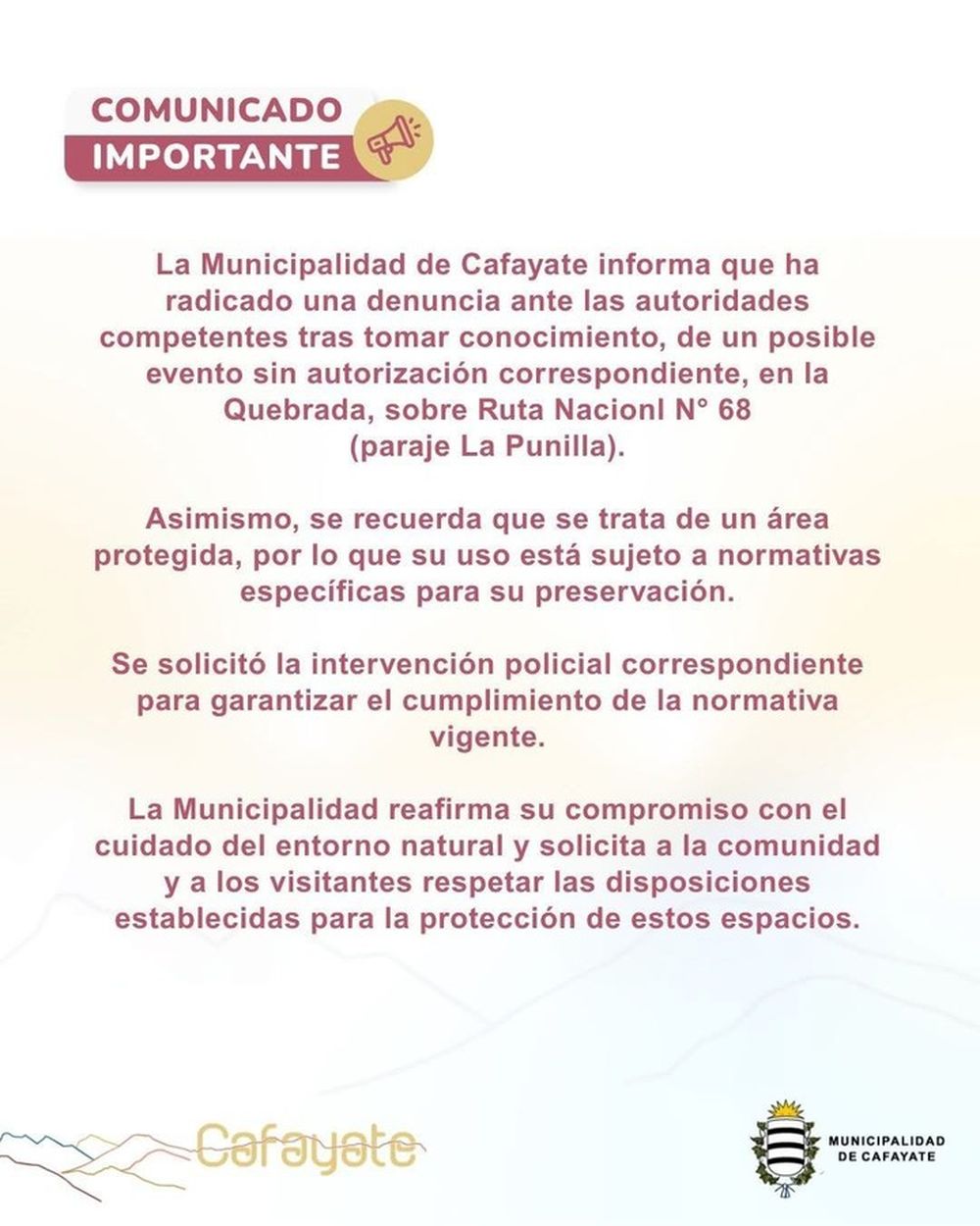 El comunicado de la Municipalidad de Cafayate. 